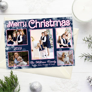 Marineblau Rosa White Snowflakes Urlaubskarte Feiertagskarte