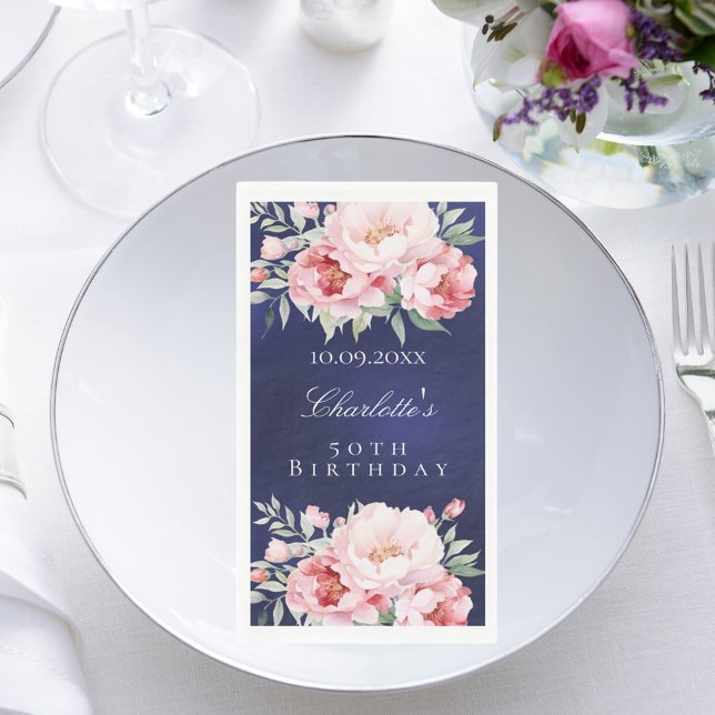 Marineblau Rosenflorchen Eleganter Geburtstag Serviette (Von Creator hochgeladen)