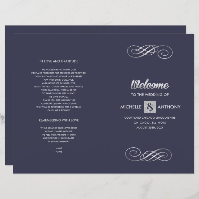 Marineblau | Silver Elegant Folded Wedding Program (Vorne/Hinten)