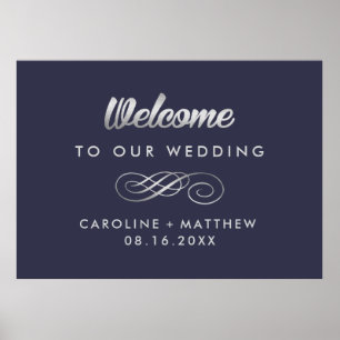 Marineblau Silver Elegant Wedding Welcome Sign Poster