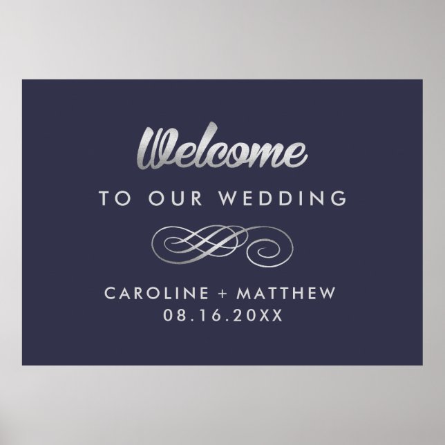 Marineblau | Silver Elegant Wedding Welcome Sign Poster (Vorne)