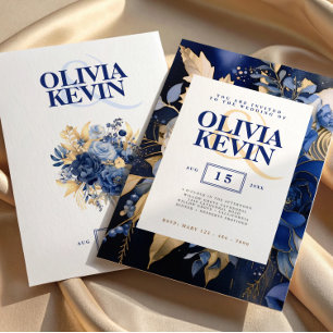 Marineblau und Gold, Florale Wasserfarben, Elegant Einladung