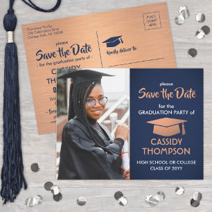 Marineblau und Kupfer Abitur Foto Save the Date Postkarte