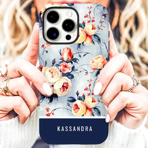 Marineblau und Pfirsich Custom Name Floral iPhone 16 Pro Max Hülle