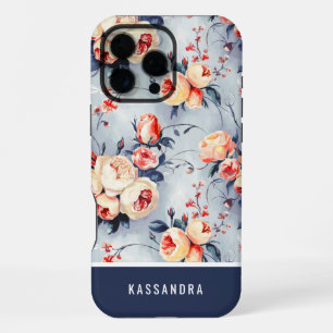 Marineblau und Pfirsich Custom Name Floral  iPhone 16 Pro Max Hülle