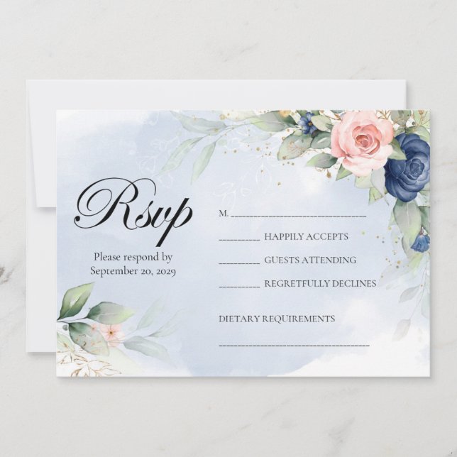 Marineblau und Rosé Florale Hochzeits-RSVP Einladung (Vorderseite)