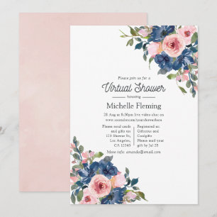 Marineblau und roséfarbene florale virtuelle Babyp Einladung
