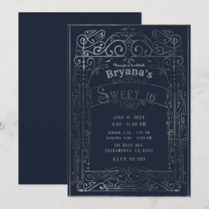 Marineblau und Silber Vintage Viktorianischer Deko Einladung