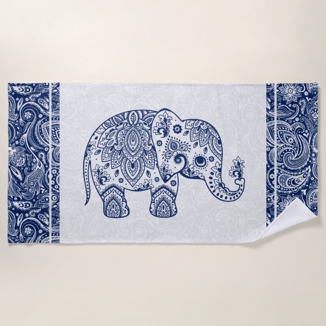 Marineblau und Weiß Blütenpfeffer Paisley Elefant Strandtuch (Vorderseite)