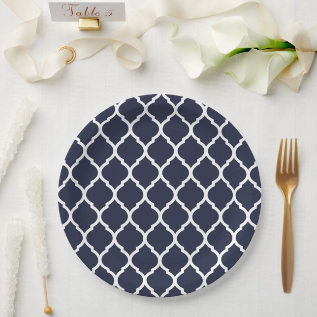 Marineblau und weißes marokkanisches Quatrefolie Pappteller (Hochzeit)