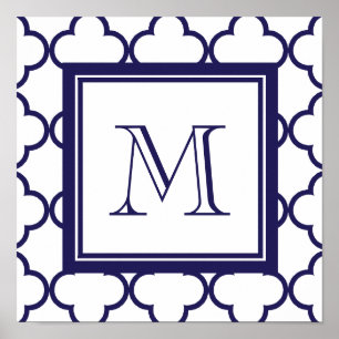 Marineblau, weißes Quatrefolie   Ihr Monogramm Poster