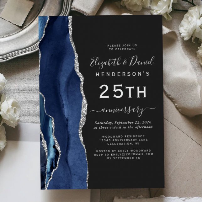 Marineblaue Achat-Silber-Dunkel 25. Jubiläum Einladung (Von Creator hochgeladen)