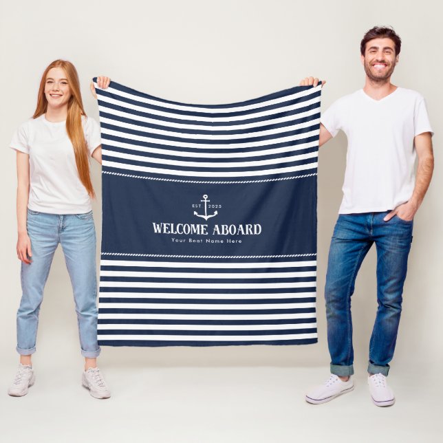 Marineblaue Anker Boot Name Willkommen an Bord Fleecedecke (Beispiel)