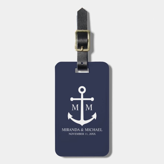 Marineblaue Anker-Hochzeit Gepäckanhänger (Vorderseite vertikal)