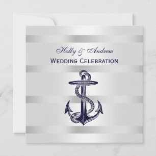 Marineblaue Anker-Hochzeit Silber auf weißem Grund Einladung