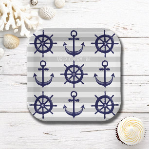 Marineblaue Anker-Schiffsrad grau gestreift nautis Pappteller