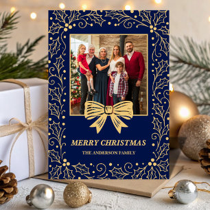 Marineblaue Antik-Gold-Schleife Familien-Weihnacht Feiertagskarte