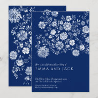 Marineblaue Aquarell-Blumen-Hochzeitseinladung