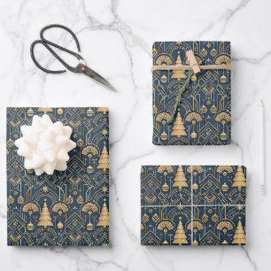 Marineblaue Art Deco Weihnachtsbaum Muster Geschenkpapier Set