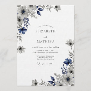 Marineblaue Ätherische Blumige Hochzeit Einladung