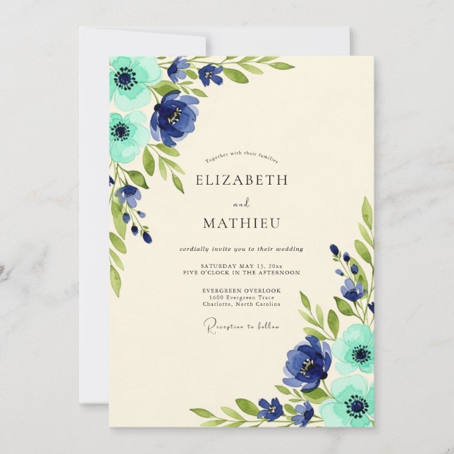 Marineblaue Azurblaue Florale Naturhochzeit Einladung (Vorderseite)