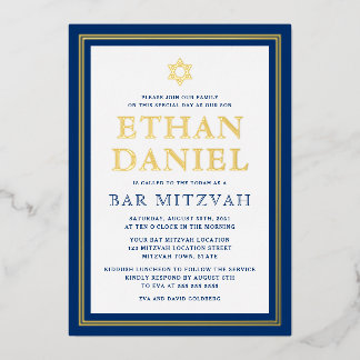 Marineblaue Bar-Mizwa mit goldenem Rand Stern Davi Folieneinladung