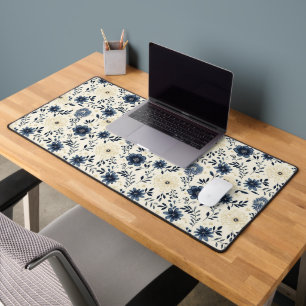Marineblaue Beige Vintage-Folkart-Blumen Schreibtischunterlage