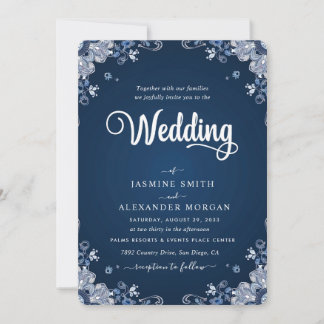 Marineblaue Blumen Blumen Einfache Hochzeit Einladung