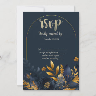 Marineblaue Blumen Goldene Blätter RSVP Einladung