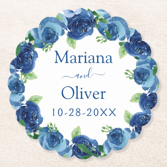 Marineblaue Blumen-Hochzeitspapieruntersetzer Untersetzer (Vorderseite)