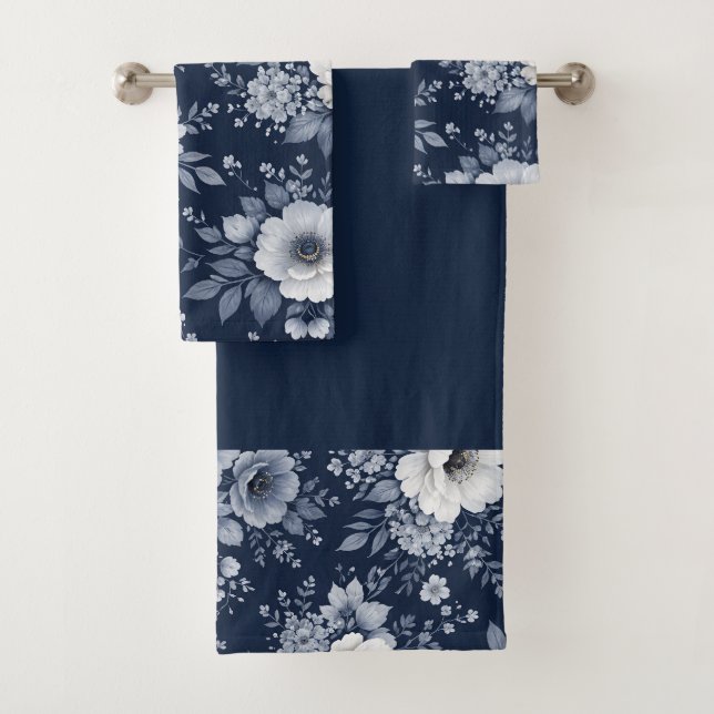 marineblaue Blumen moderne dekorative Badezimmer  Badhandtuch Set (Insitu)