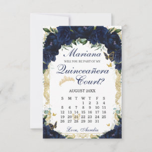 Marineblaue Blumen-Quinceanera-Hof-Antragskarte RSVP Karte