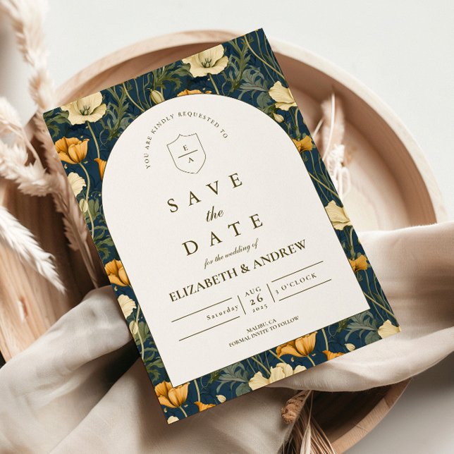 Marineblaue Blumenbogen-Hochzeit Elegant Save The Date (Von Creator hochgeladen)