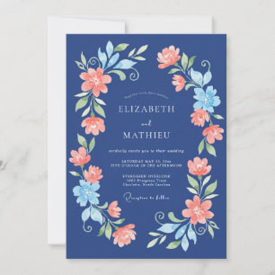 Marineblaue Blumenhochzeit Einladung