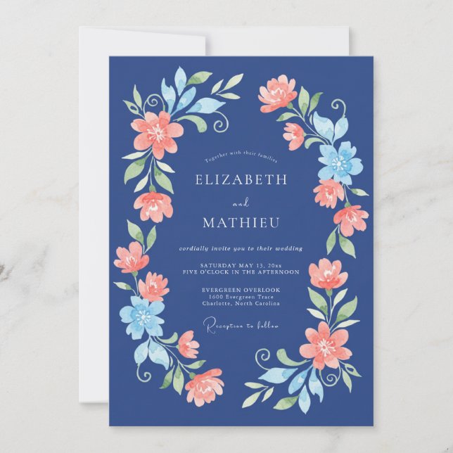Marineblaue Blumenhochzeit Einladung (Vorderseite)