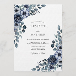 Marineblaue Blumenhochzeit Einladung