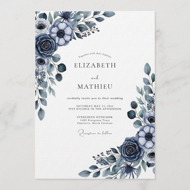 Marineblaue Blumenhochzeit Einladung (Vorderseite)