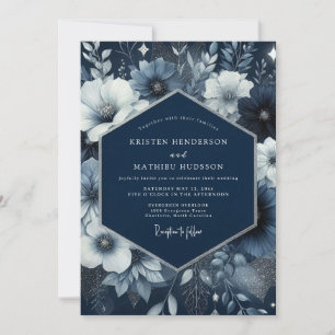 Marineblaue Blumenverzauberung Hochzeit Einladung