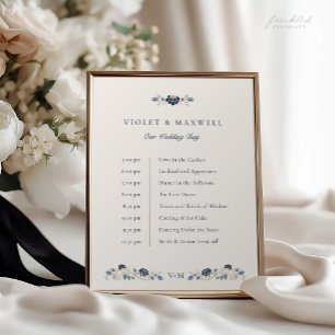 Marineblaue Blumige Hochzeits-Zeitplan-Tafel Poster