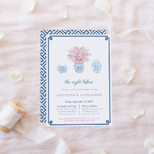 Marineblaue Blush-Chinoiserie Hochzeitsprobe & Din Einladung