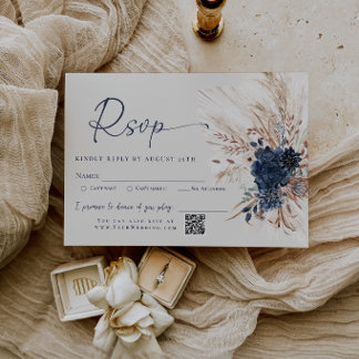 Marineblaue Boho-Pampasgras-Blumen-Hochzeits-RSVP RSVP Karte