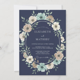 Marineblaue botanische Kranzhochzeit Einladung