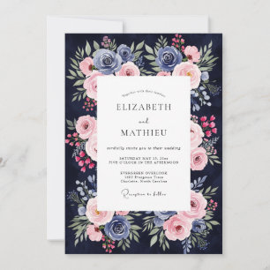Marineblaue Botanische Romantische Hochzeit Einladung