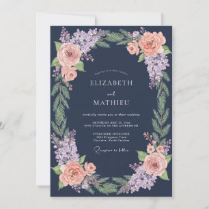 Marineblaue botanische Winterhochzeit Einladung