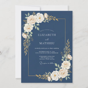 Marineblaue Creme Blumen Hochzeit Einladung