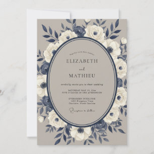 Marineblaue cremefarbene Blumenromanze-Hochzeit Einladung