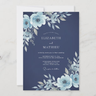 Marineblaue Eisige Florale Hochzeit Einladung