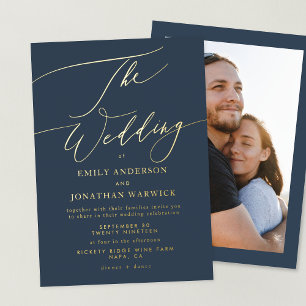Marineblaue Elegante Goldene Foto-Overlay-Hochzeit Folieneinladung