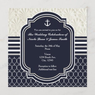 Marineblaue elegante Strandhochzeit im maritimen S Einladung