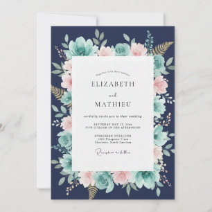 Marineblaue Fantastische Botanische Hochzeit Einladung